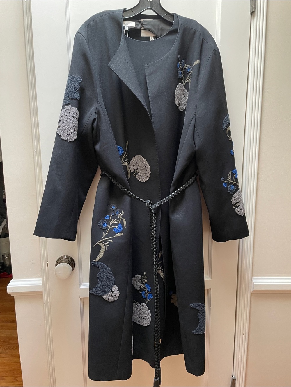 Lafayette 148 New York Navy Embroidered Long Trench Coat